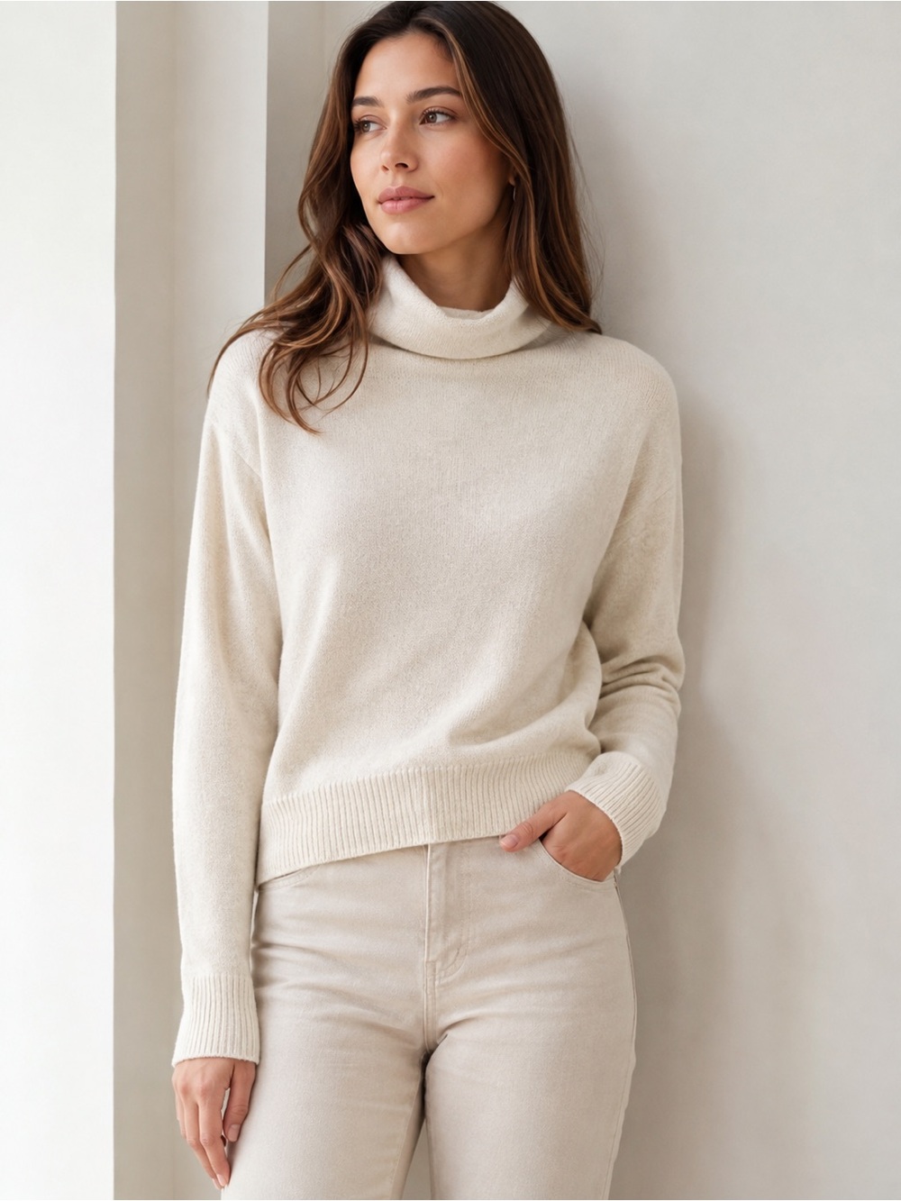 Wilfred Aritzia 100% Cashmere Cream Roll Turtleneck Sweater Size S
